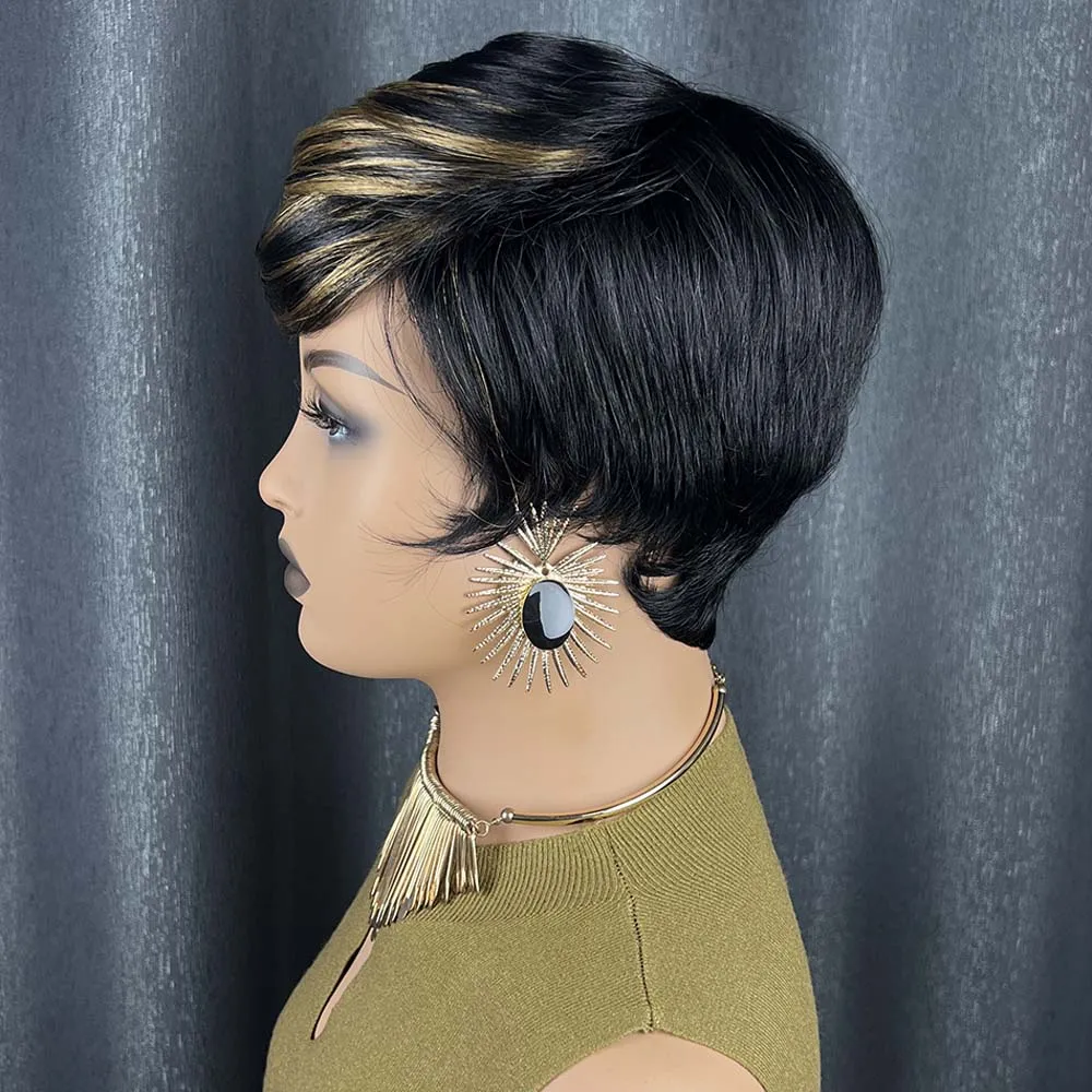 짧은 스트레이트 픽시컷 가발 내추럴 블랙 보브 가발 앞머리 포함 기계 제작 레미 인모 가발 흑인 여성용