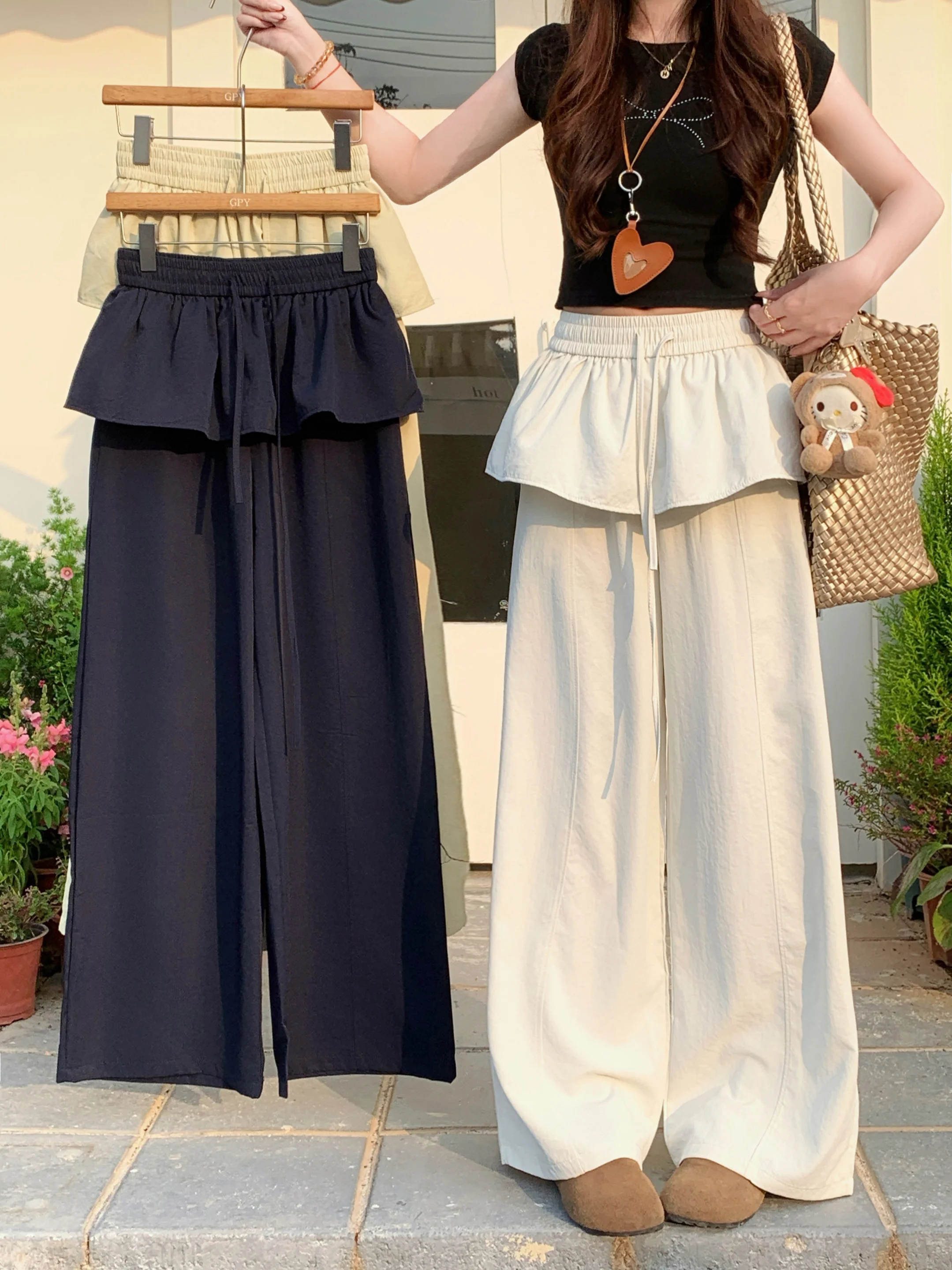 

Kumikumi Casual Drawstring Wide Leg Pants Women's High Waist Floral Bellow Curtain Summer Versatile Loose Slimming Pants