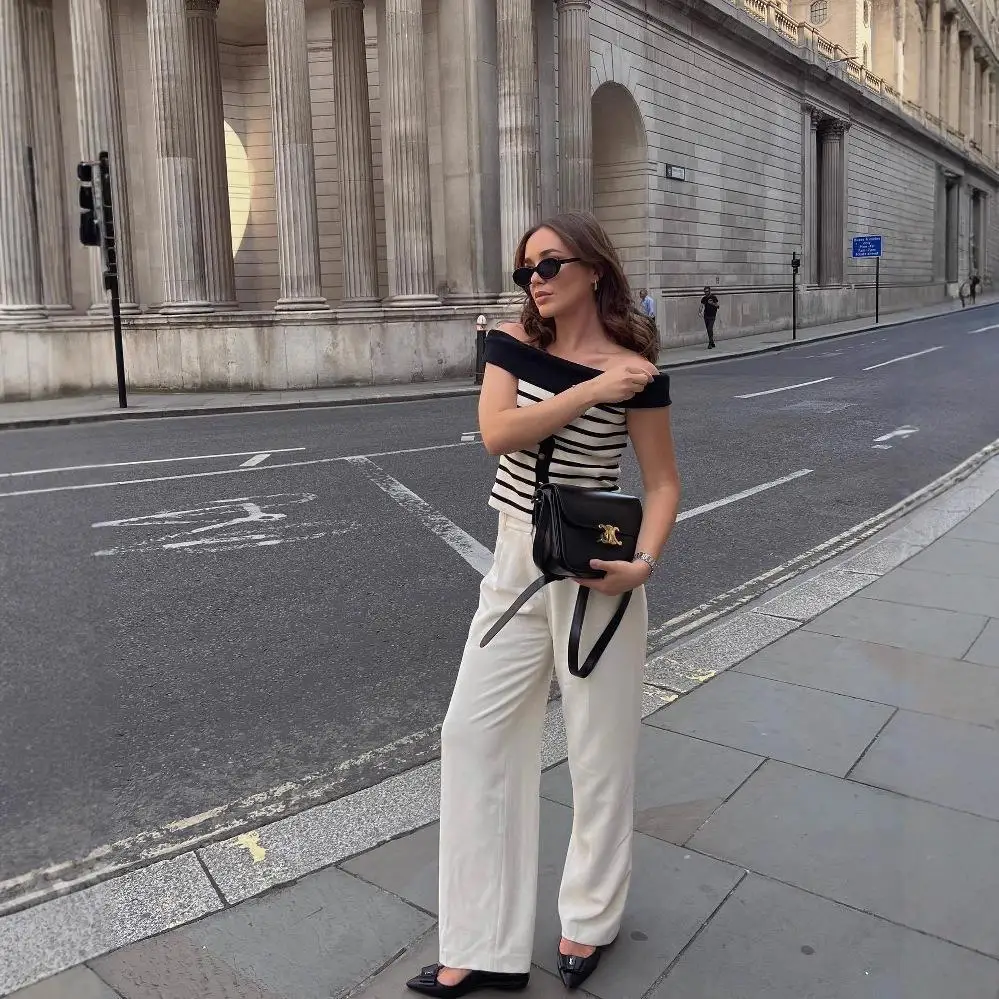 Весенне-летний женский трикотажный длинный све с опуклой костью на одно плечо, полосатый трикотаж, модный трансграничный трикотаж