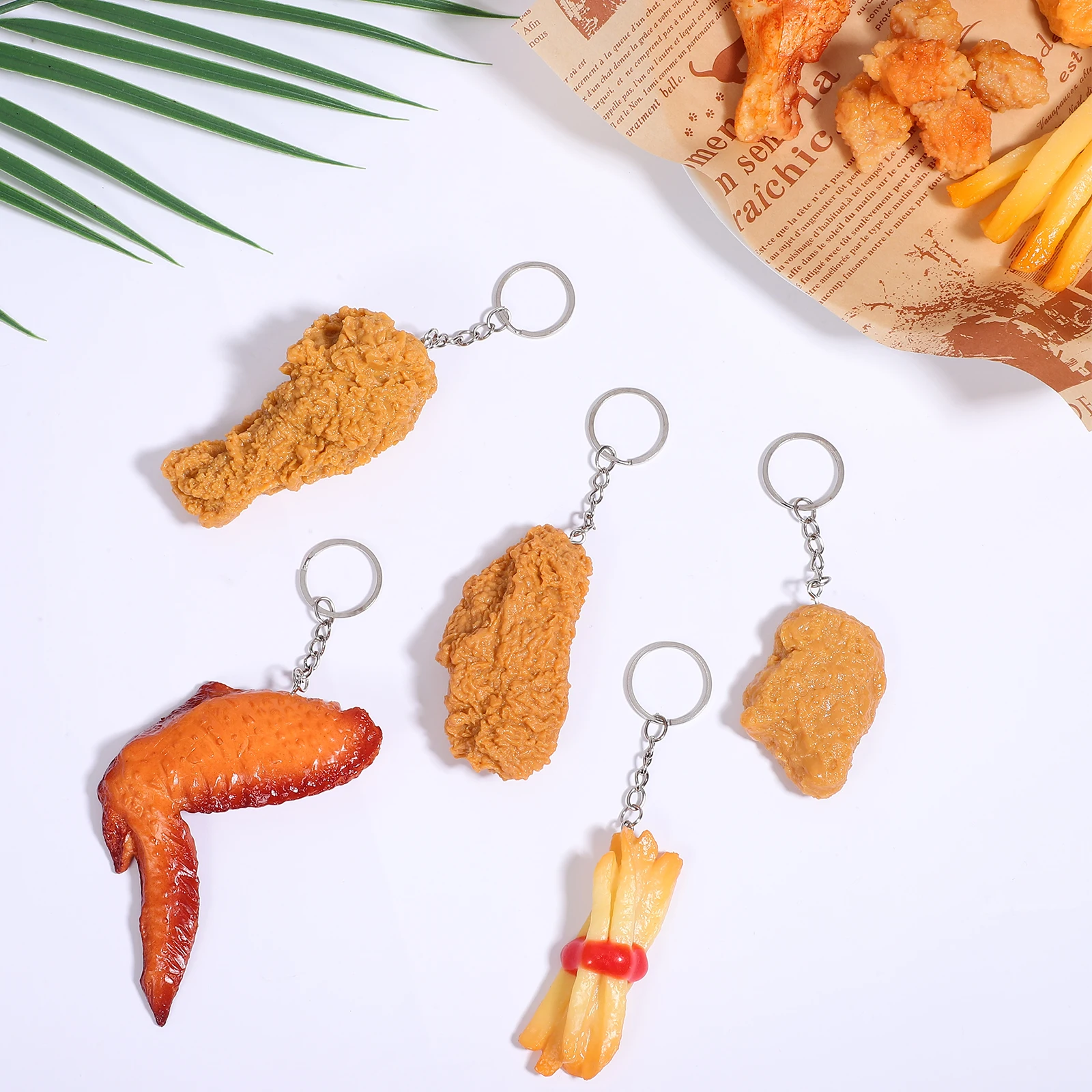 

5Pcs Creative Food Keychains Imitation Fried Chicken Wing Chicken French Fries Pendant Key Rings for Keys Bag Decoration