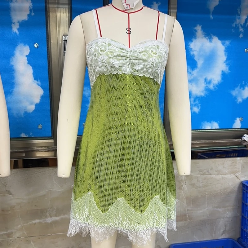 Minivestido de retazos de encaje con lentejuelas para mujer, vestido sin mangas Y2k para vacaciones de verano, vestido Bandage Sexy para fiesta y discoteca con espalda descubierta