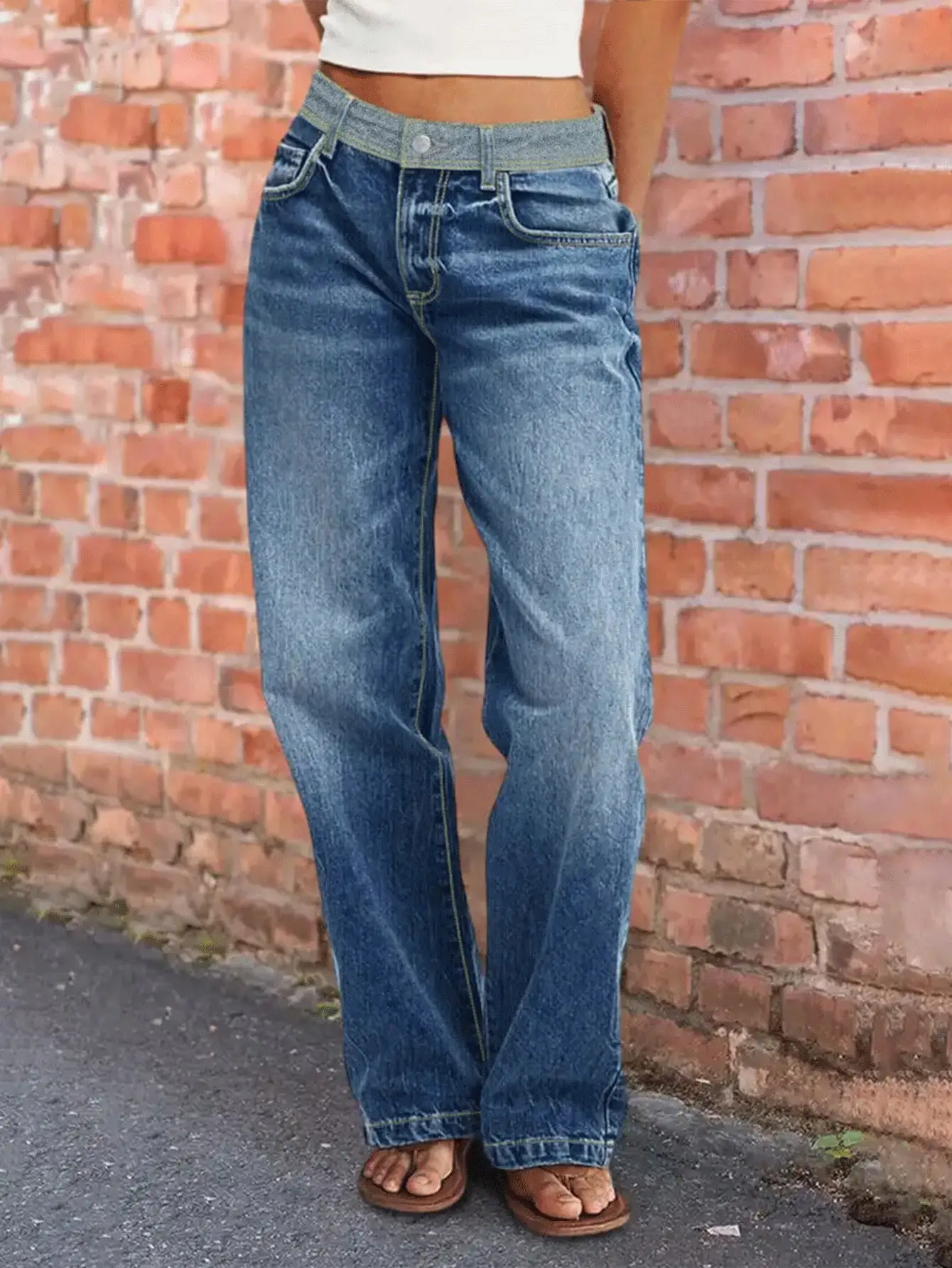 

Women's High Waist Stretch Denim Flare Jeans with Contrast Stitching