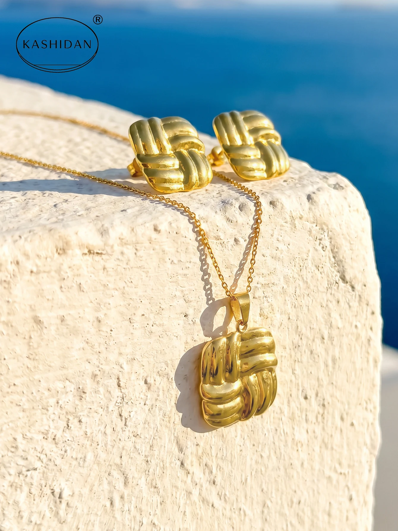 Fashion Stainless Steel Jewelry Set for Women Gold Color Chunky Textured Woven Square Plaque Set