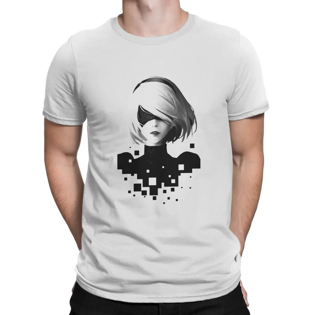 NieR Automata 2B and Pixels Tshirt Homme Men's Streetwear Polyester T Shirt For Men