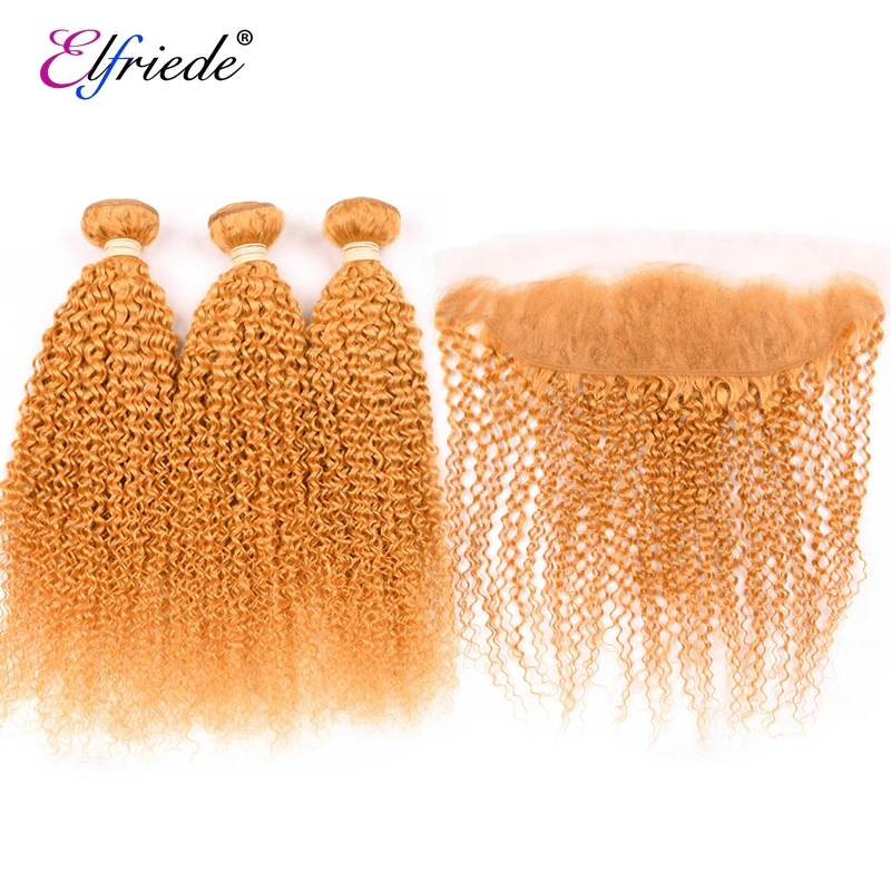 

Elfriede Orange Kinky Curly Colored Hair Bundles with Frontal Transparent 100% Human Hair Wefts 3 Bundles with Lace Frontal 13x4