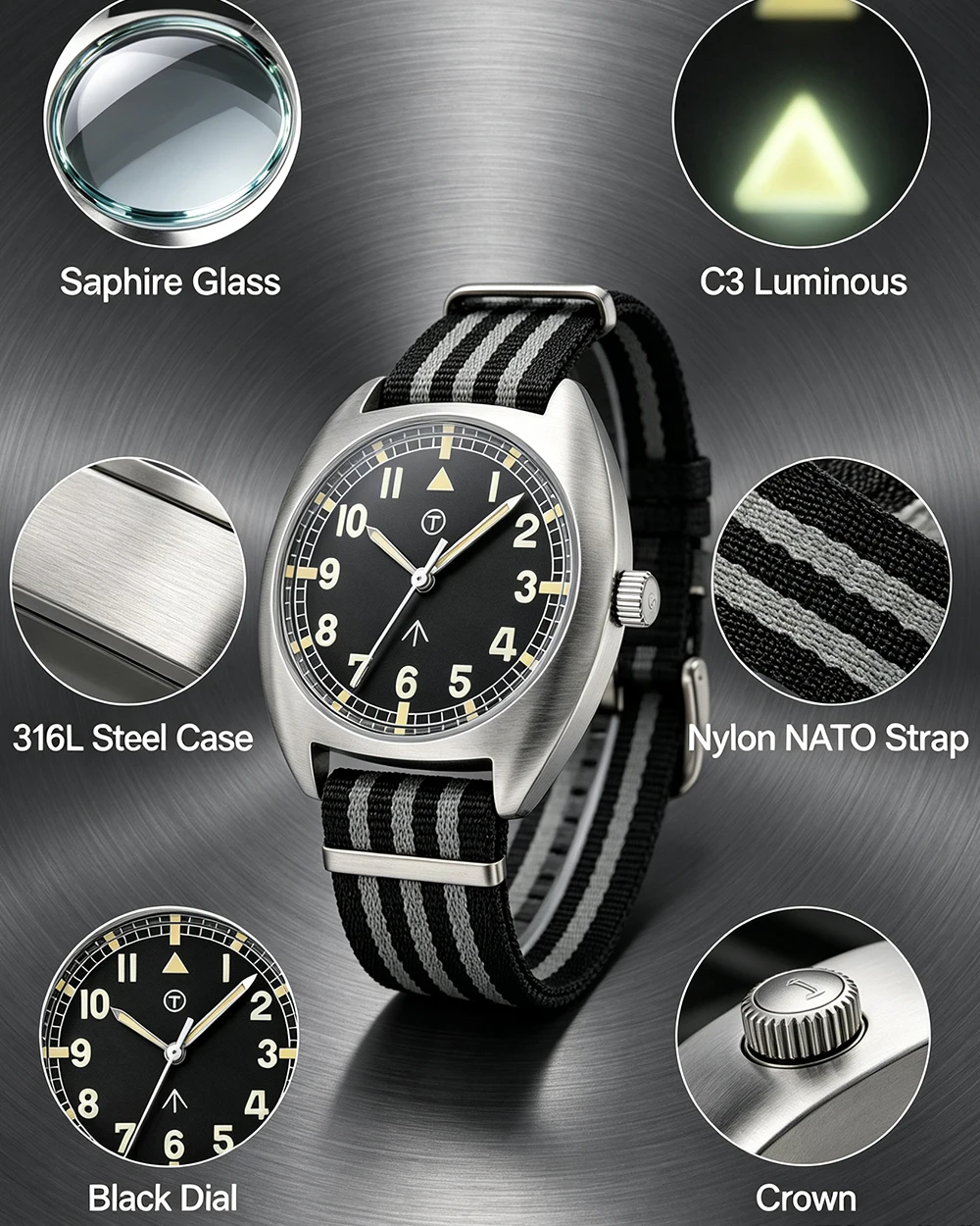 MILITREK MT9004 Vintage-Militär-Quarzuhr, 38 mm, 316L-Edelstahl, 100 m wasserdicht, Saphirglas, C3, leuchtende Herren-Felduhr – Detail 5