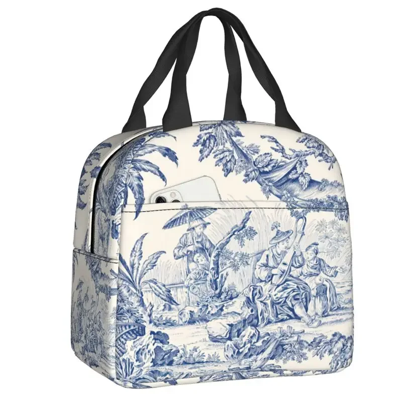 French Toile De Jouy Inspired Pattern Lunch Box Women Cooler Thermal Food Insulated  Bag School Children Student Tote Bags