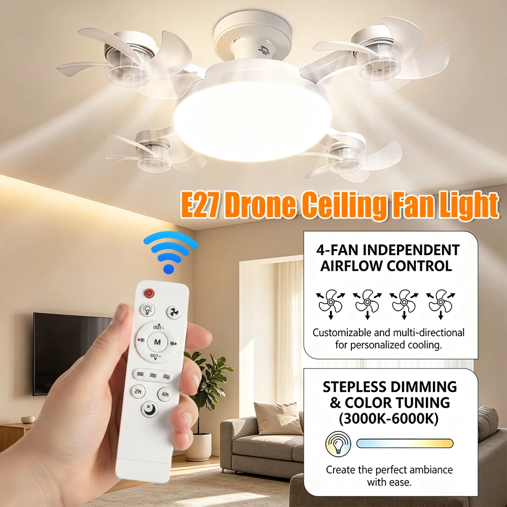 E27 Drone Ceiling Fan Light 3 Color Stepless Dimming Decorative Fanlight with Remote Control for Bedroom Living Room Kitchen