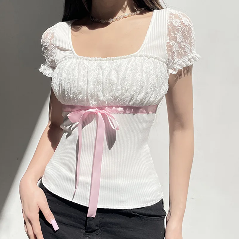 Europe and the United States sweet girl white lace splicing basic short-sleeved T-shirt square collar tie slim thread top