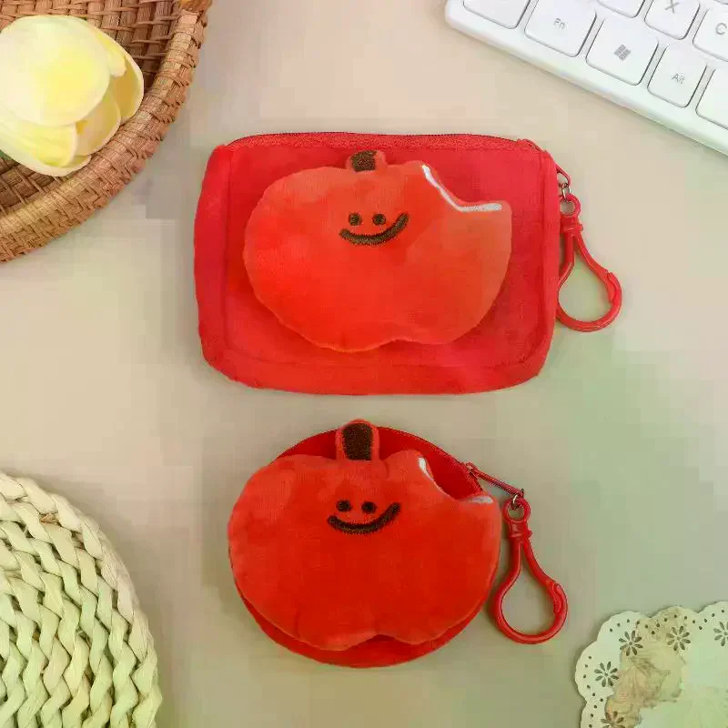 Red Fruit Coin Purse Plush Material Mini Zipper Pouch Bag with Keychain Girls Gift Idea
