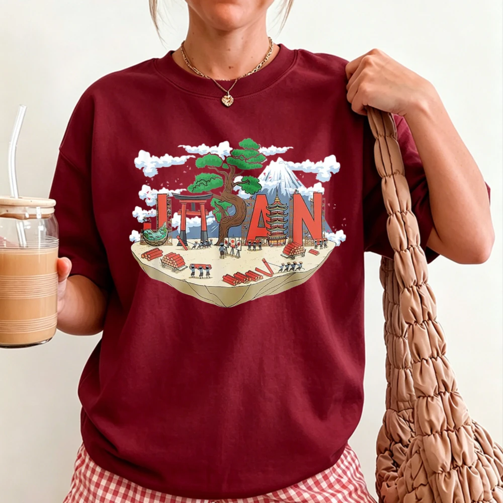 Women Cotton Short Sleeve T Shirt JAPAN Mount Fuji Torii Gate Pagoda Pine Tree Traditional Japanese Landscape Casual Graphic Tee