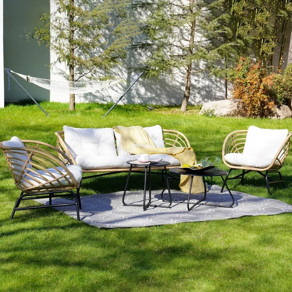 5-Piece Boho Outdoor Furniture Set, Wicker Sofa Set with Beige Thick Cushions and 2 Coffee Tables, Conversation Set for