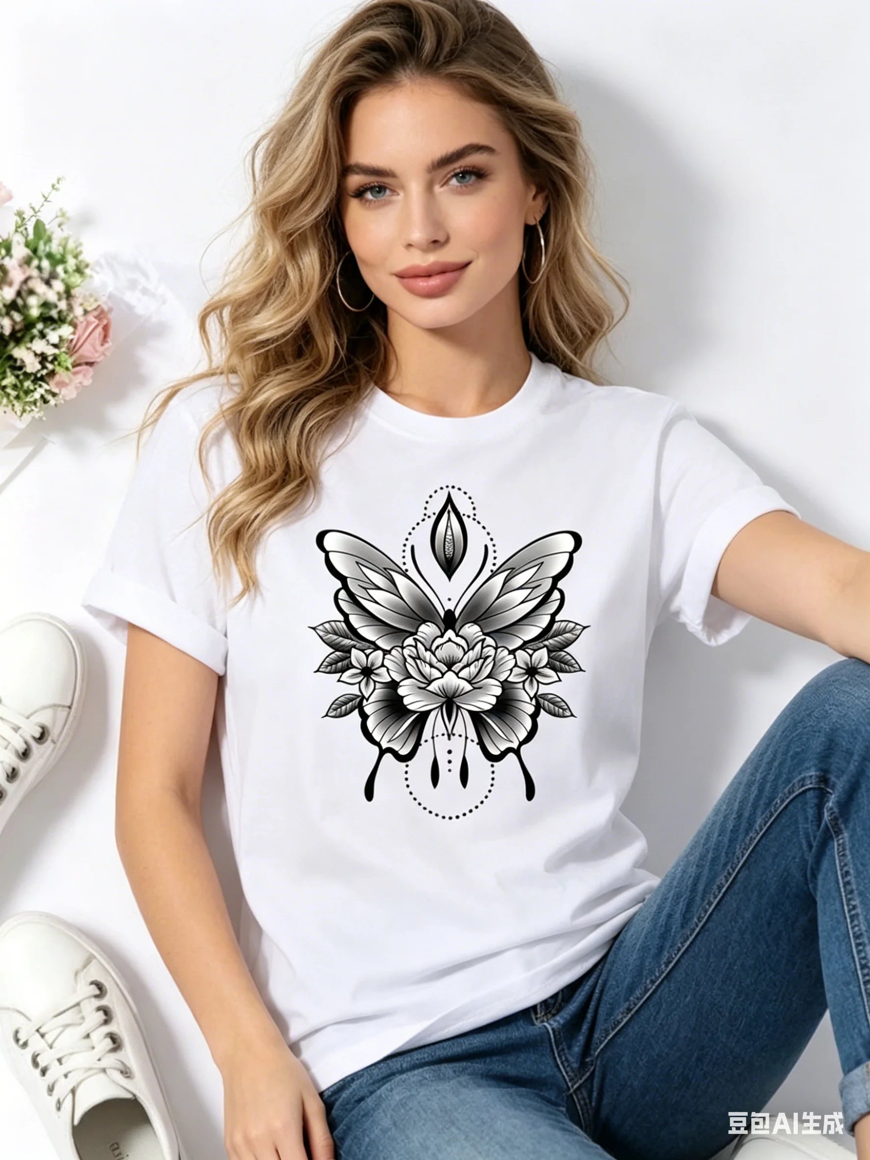 

Women's Short-Sleeved T-Shirt Printed Butterfly Design European American Fashion Style Top Women's Polyester Clothing