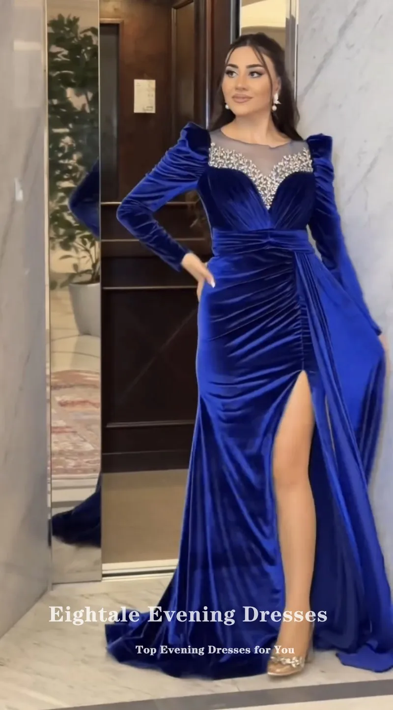 Eightale Luxury Evening Dress Crystals Beaded Long Sleeves Velvet Mermaid Prom Gown Wedding Party Dress Vestidos De Gala