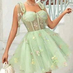 Customized Fresh Sling High Waist Evening Dresses Elegant Embroidery Floral Appliques Ball Gown Sweet Mesh Knee-length Princess