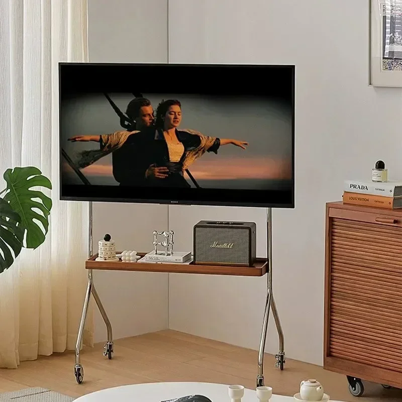 Household TV Bracket Stainless Steel TV Stand Home Small  Movable Scandinavian Retro Floor Living Room Monitor TV Shelf Table