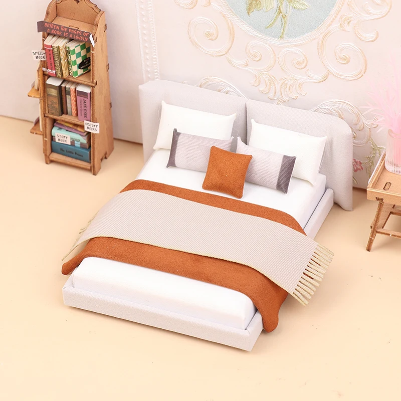 

1pc 1:12 Dollhouse Miniature Cream Style Double Bed DIY Sand Table Scene Model Doll House Furniture Ornament