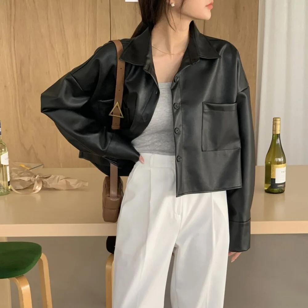 Fashionable Chic Short Retro Leather Jacket Single Button Casual Shirt Style Simple Design for Young Women Korean Style PU Le...