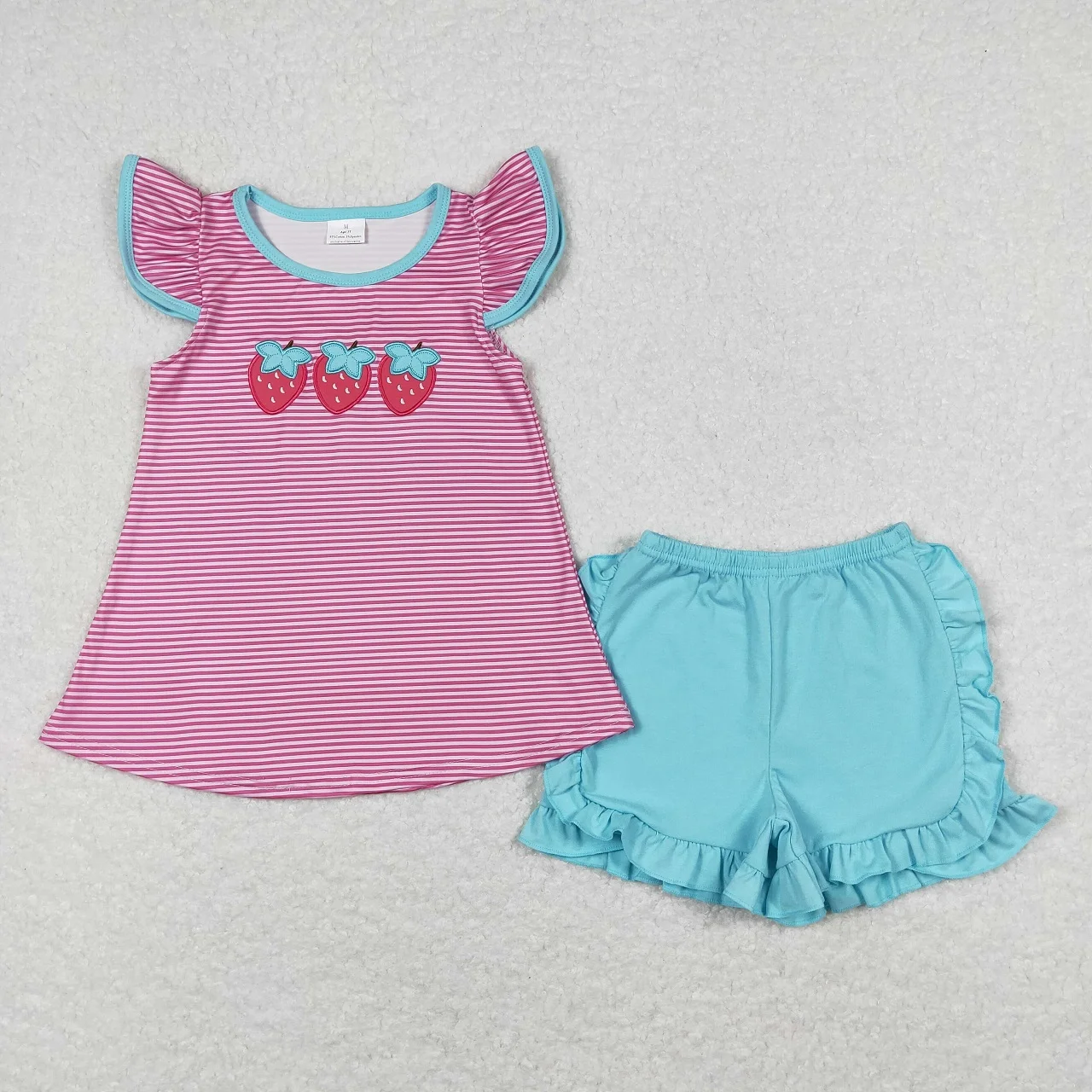 

Wholesale Summer Baby Girl Strawberry Set Kids Children Short Sleeves Embroidery Stripes Tops Outfit Toddler Ruffle Blue Shorts