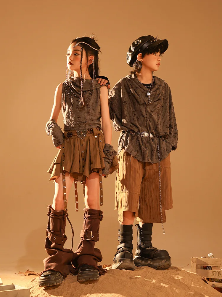 طفل القفار نمط الهيب هوب الملابس رمادي المتزعج هوديي أعلى القهوة مطوي تنورة السراويل لفتاة صبي أزياء رقص الملابس #2