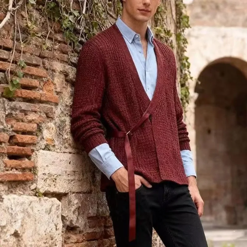 Large Size V-neck Sexy Knitted Cardigan Men's Solid Color Thin Long-sleeved Jacket POLO Shirt