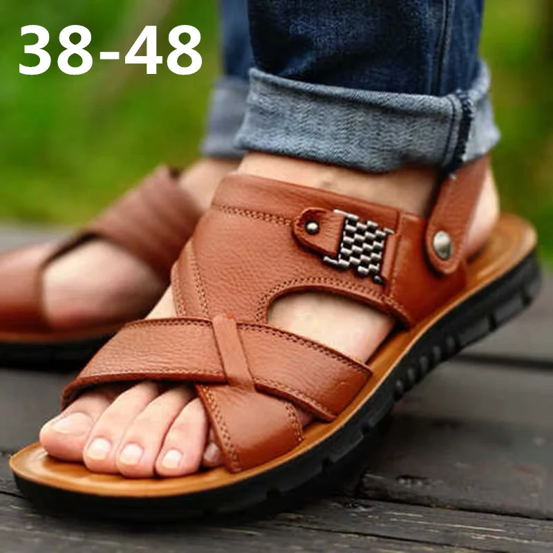 

Men Leather Sandals Summer Classic Mens Shoes Slippers Soft Sandals Comfortable Outdoor Walking Footwear 2023 Sandalias Hombre