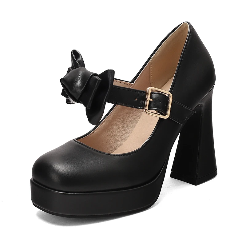 

Thick High Heels Women Spring Elegant Fashion Bowknot Square Toe Buckle Party Dress Wedding Bride Platform Shoes Big Size 45 T86