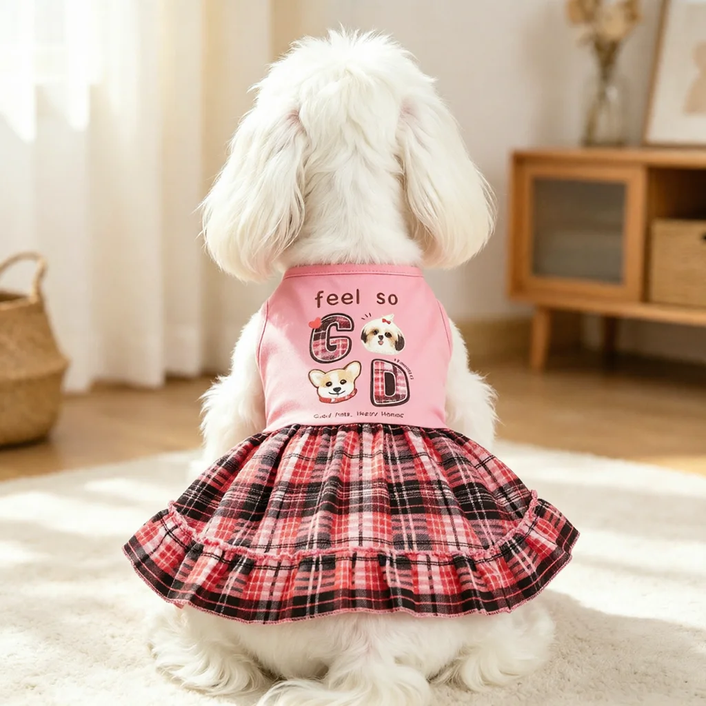 Vestido rosa con falda a cuadros para perros y gatos primavera - imagen 4