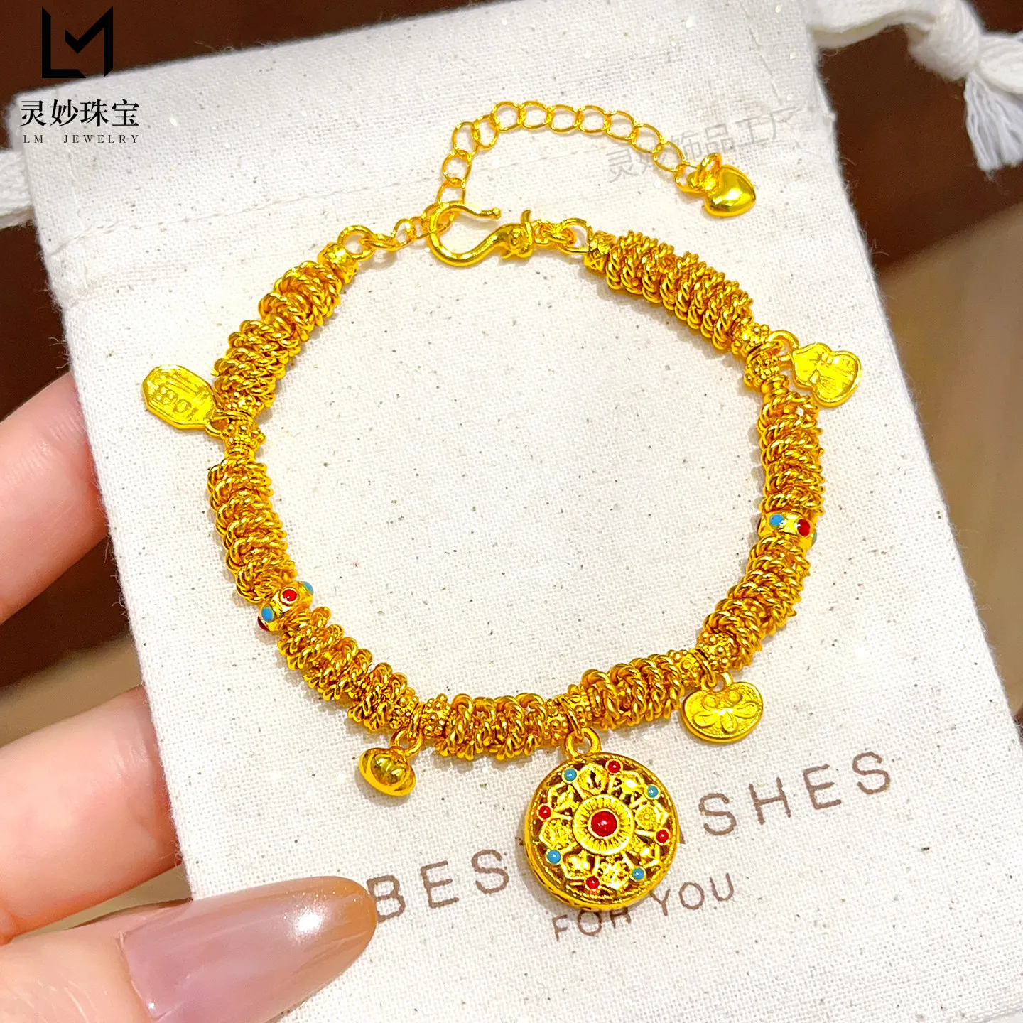 Luxury 9999 24K Solid gold certifid compass gourd wrapped bracelet enamel lucky card gift to girlfriend exquisite jewelry