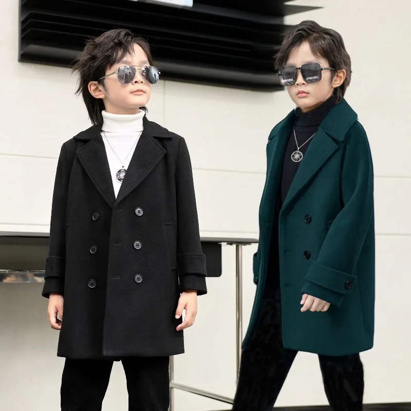 OLEKID Boys Autumn Winter Double-breasted Coat Kids Solid Woolen Jacket Children Outerwear Toddler Teenager Overcoat 2-14Years