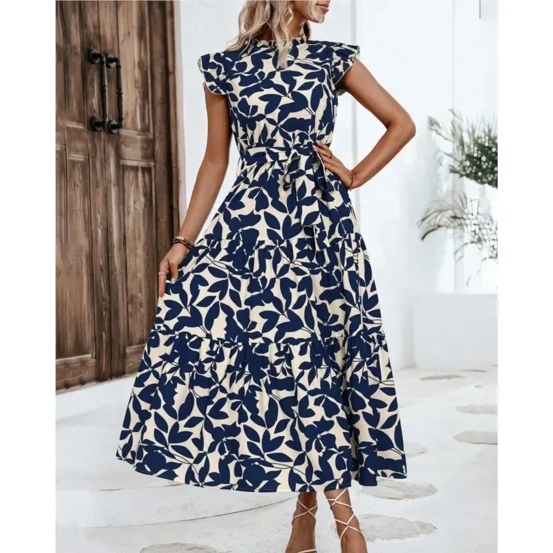 ชุดลําลองสตรีดอกไม้ 2024 ฤดูร้อนใหม่แฟชั่นแขนยาวLace Upพิมพ์ชุดนางฟ้าวันหยุดRobe Vestidos Verde