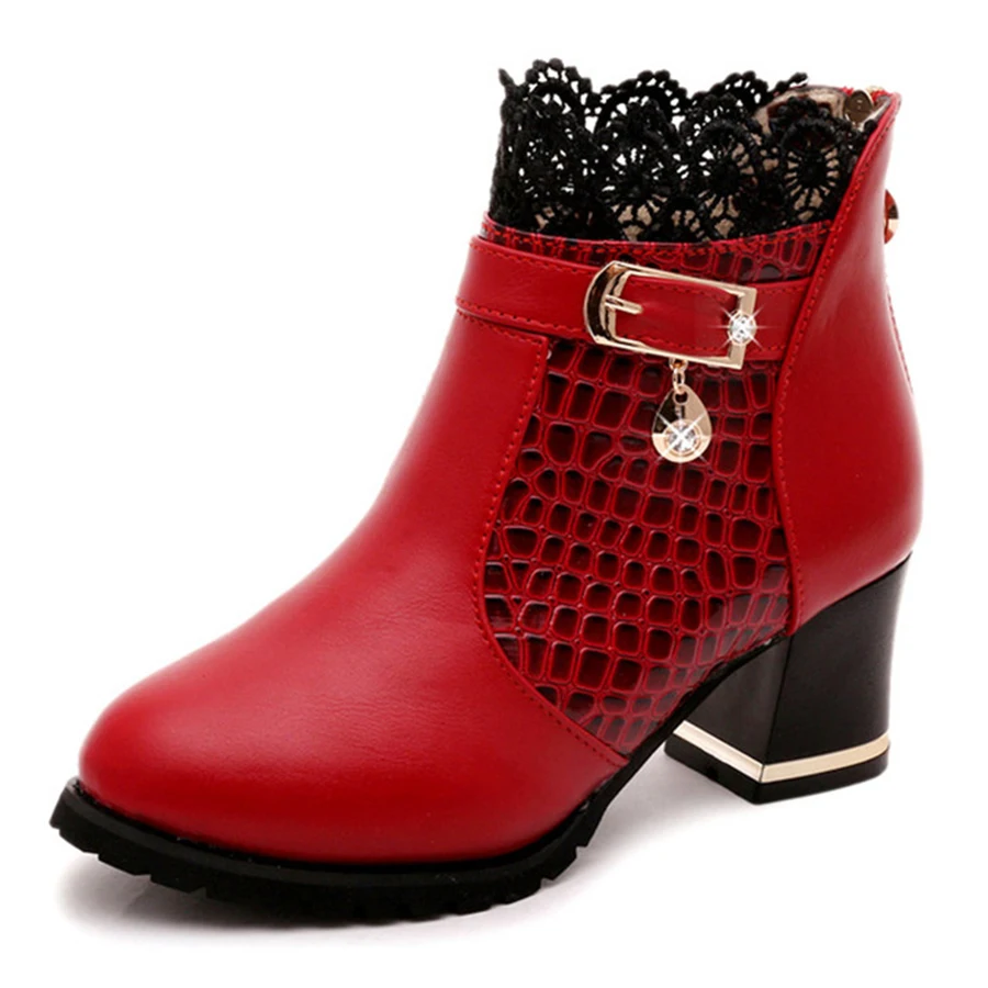 Botas con hebilla de cinturón de cristal para mujer, zapatos de tacón alto cuadrados de 6CM, botines sexys de encaje de leopardo, color rojo y