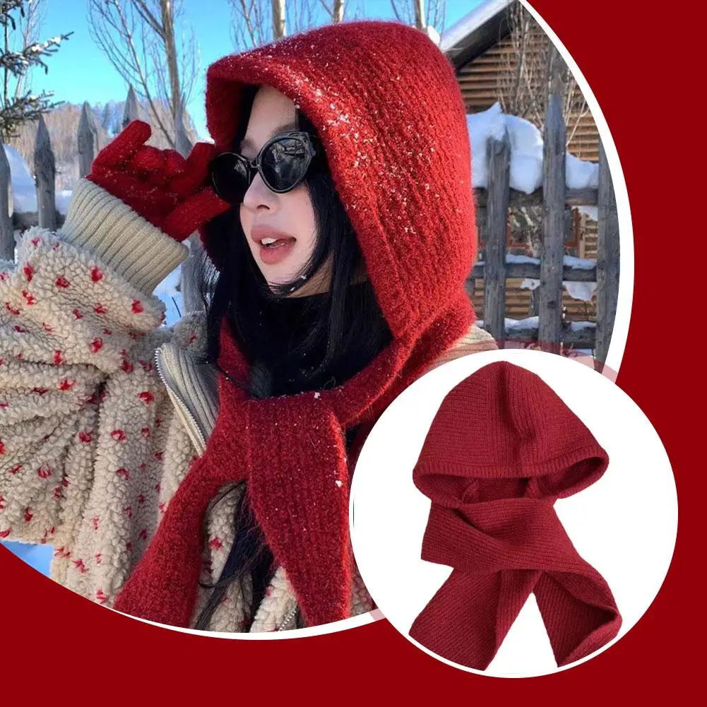 1 stücke Mit Kapuze Schal Gestrickte Hut Rot Balaclava Frauen Winter Warme Stricken Hut Schal Integrierte Hals Wärmer Mode Weihnachten geschenk