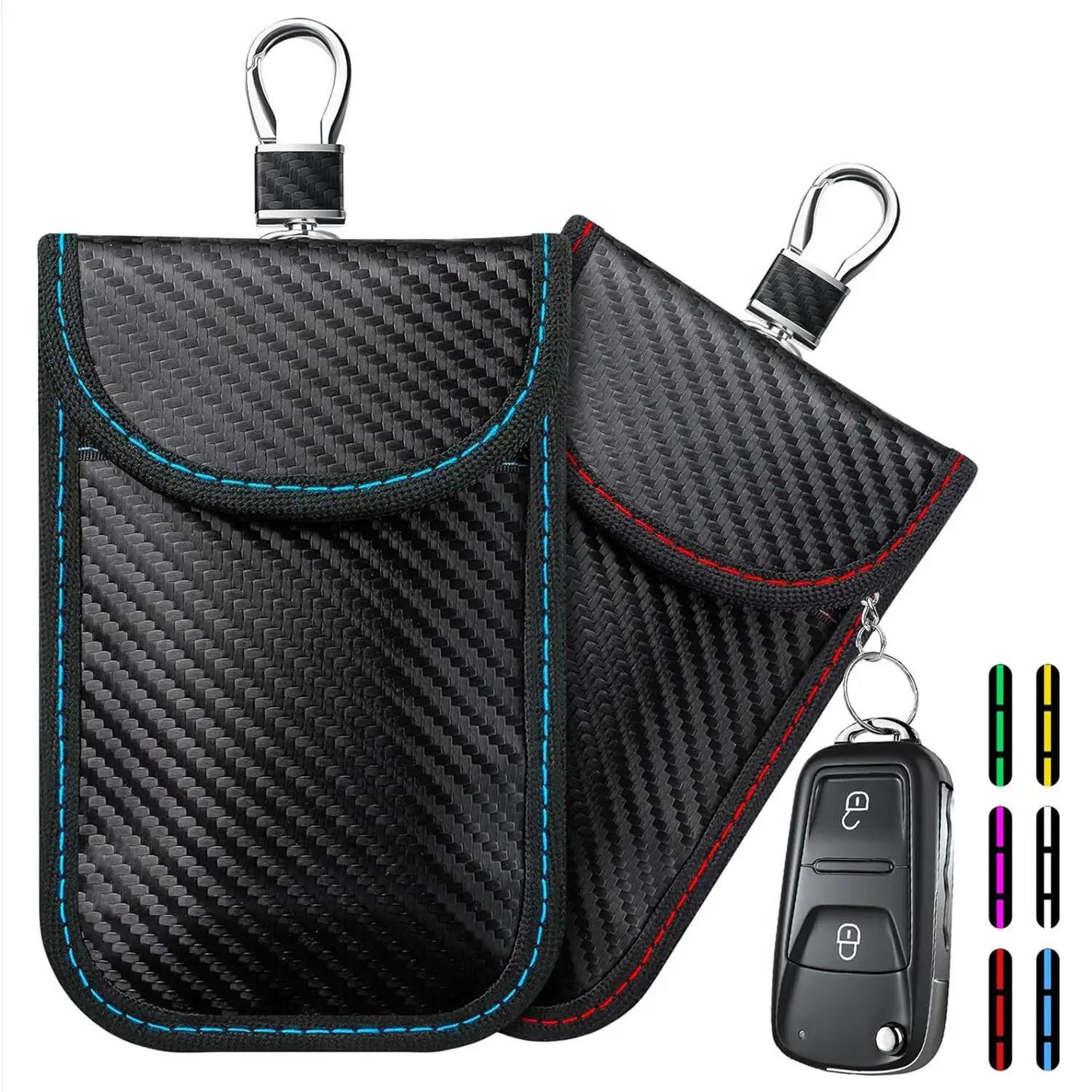 

Carbon fiber leather car key box with keyless anti-theft RFID signal blocker Faraday bag with key hook