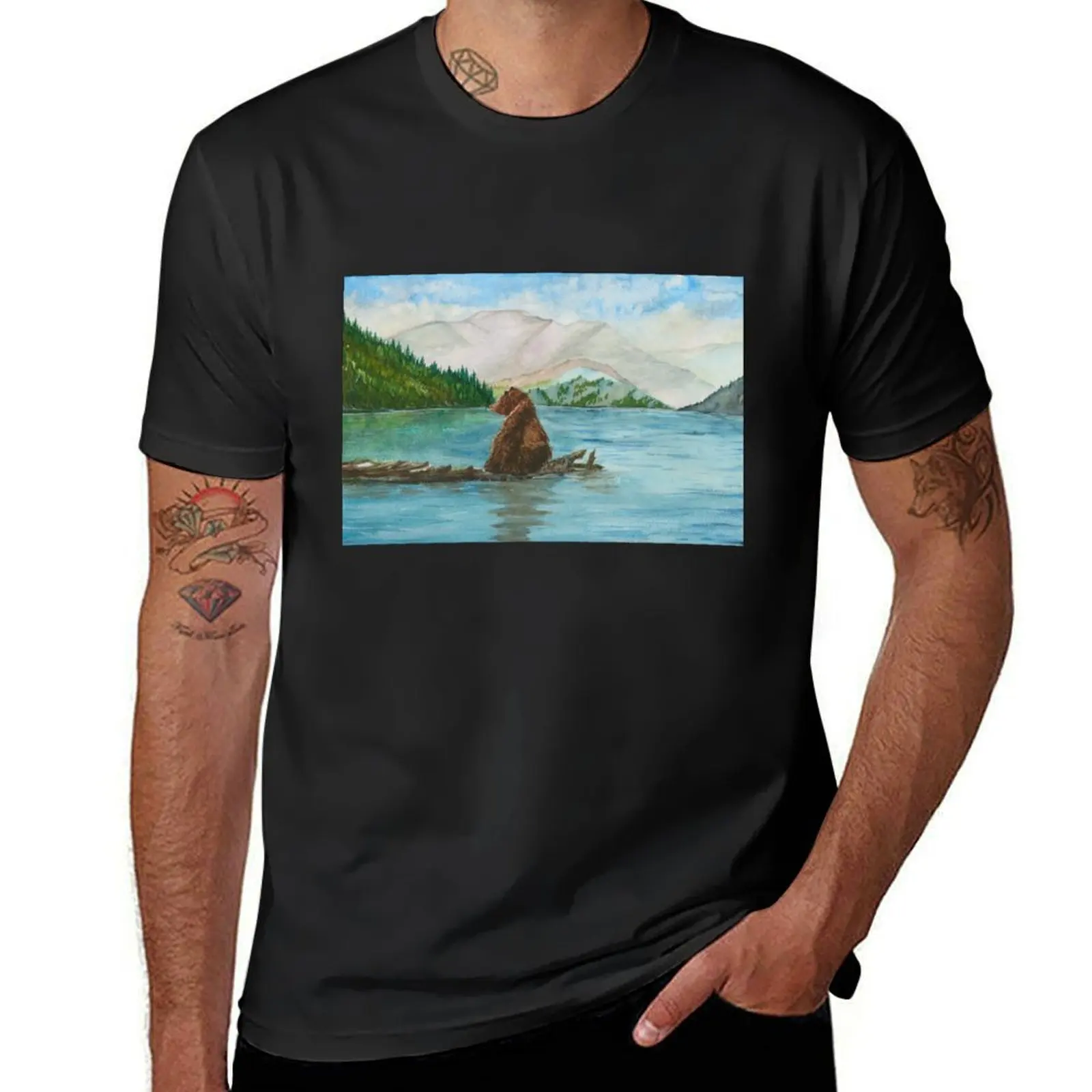Grizzly Bear landscape painting T-Shirt plus sizes funnys shirts graphic tees vintage clothes t shirts for men