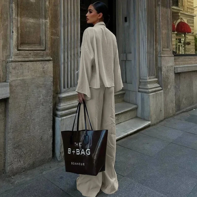 Talenza Autumn Pants Suit Women\'s Solid Long Sleeve Lace-Up V-Neck Shirt Loose Pants Suit Casual Sports Pants Suit 2-piece Set