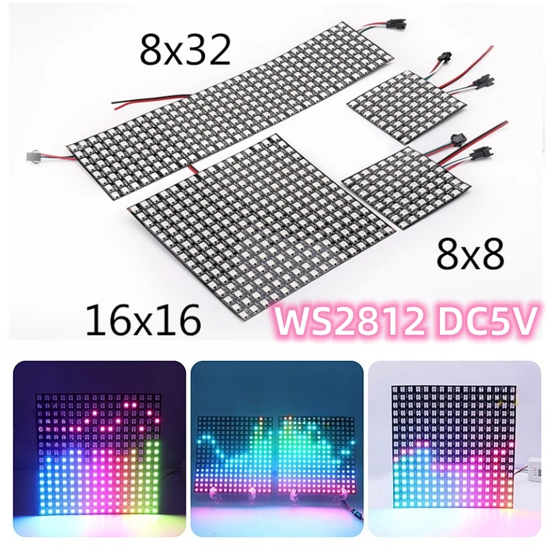 

Гибкая светодиодная лента WS2812B, 5 в постоянного тока, 8x8 16x16 8x32 пикселей, матричная лента, экран с индивидуальной адресацией, Модуль платы дисплея RGB