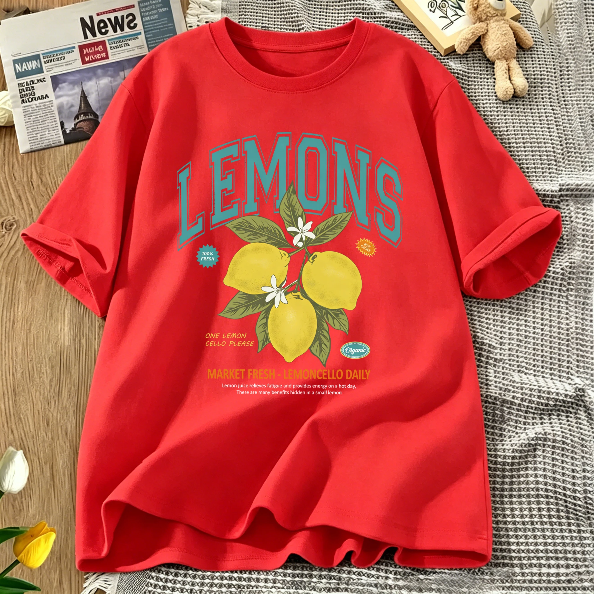 Fresh Organic Lemons Fruit Market Printing T-Shirt Woman Summer Crewneck T Shirts Cotton Streetwear Loose Hip Hop Short Sleeve