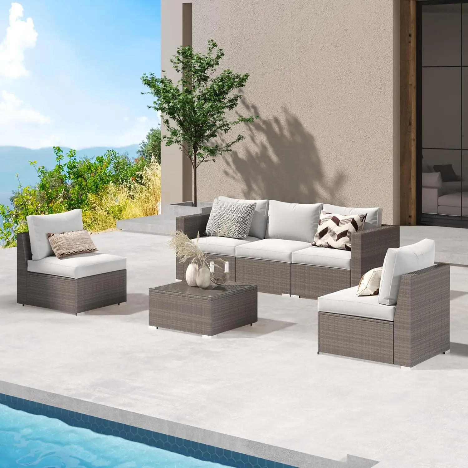 2 Piece Outdoor Patio Furniture Sets, Wicker Patio Loveseat Sofa with Cushion, Outdoor Sectional Corner Sofa for Garden Backyard