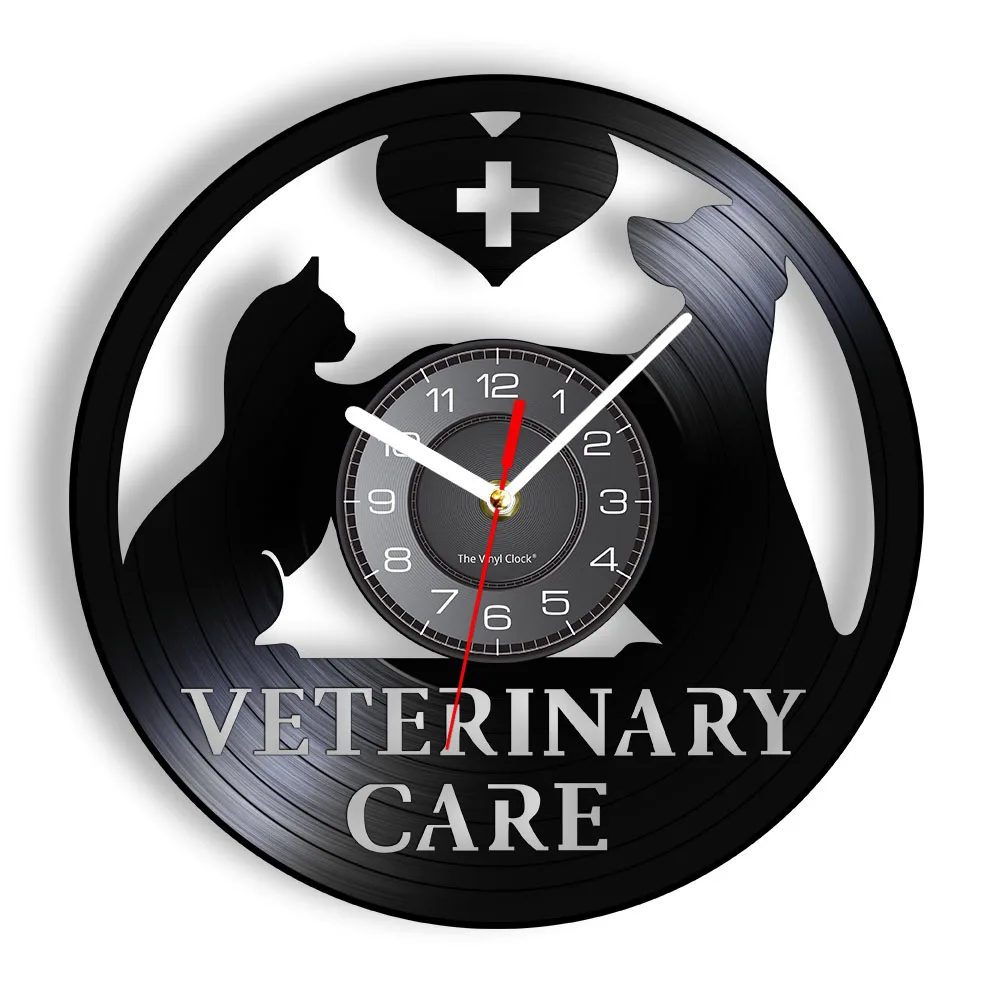 Cat And Dog Veterinary Clinic Vinyl Record Wall Clock Modern Design Pet Cat Dog Animal Lover Home Decor Wall Watch Silent Clock