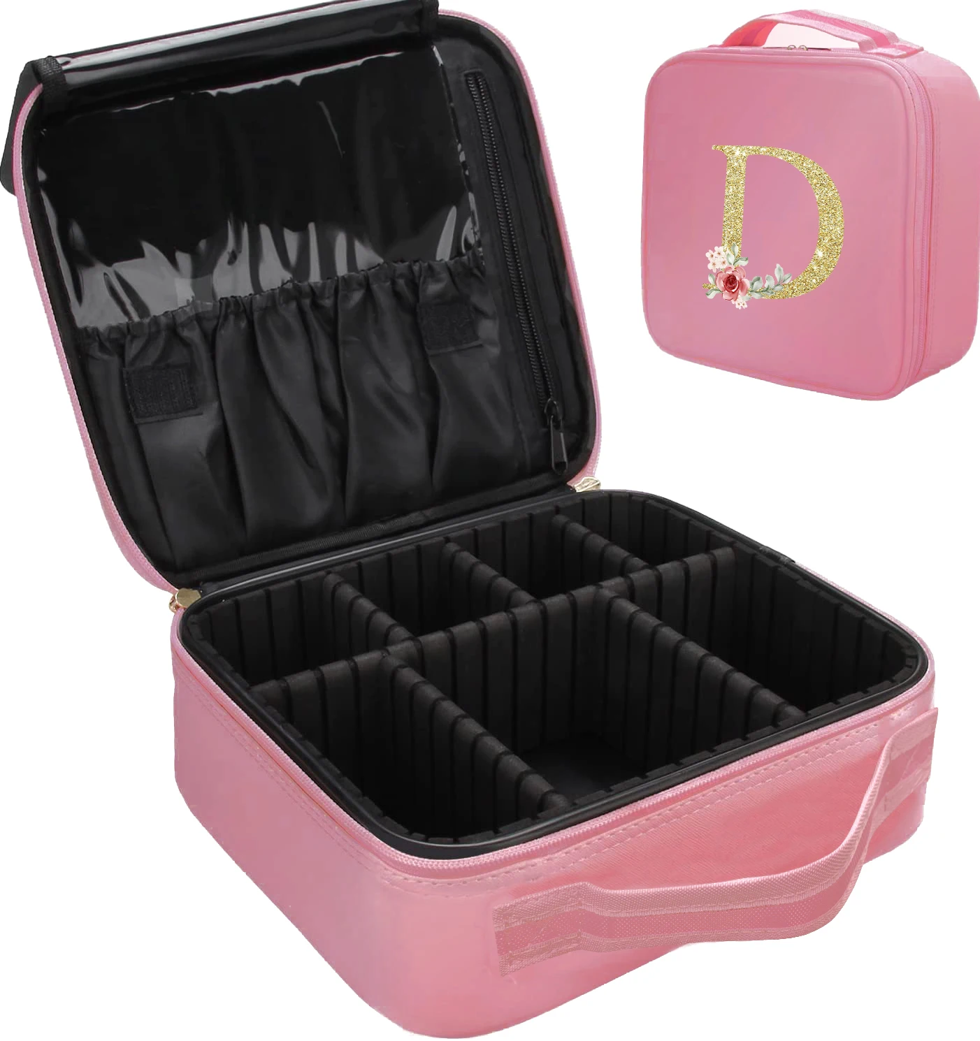 Bolsa de maquiagem portátil profissional grande, estampa letra dourada e concha rosa com divisórias ajustáveis, bolsa de viagem