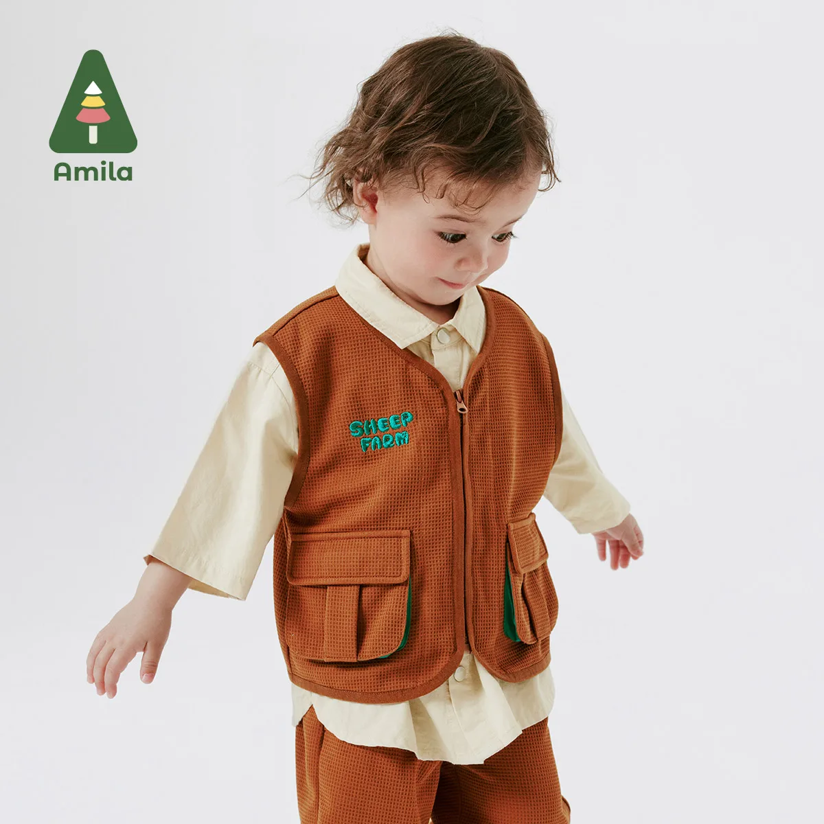 

Amila 2024 Spring New Boys' Vest Set Three-Dimensional Pocket Cargo Style Cotton Fabric Comfortable Outdoor Baby Clothing