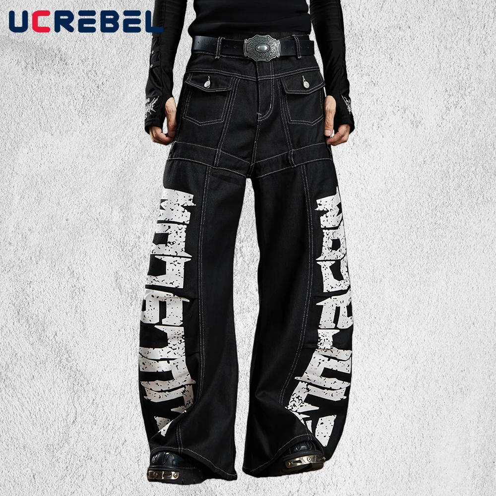 Letter Print Spliced Jeans Mens Pocket Topstitch Retro High Street Baggy Wide Leg Denim Banana Pants Man
