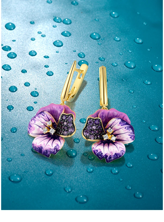 SANTUZZA Ohrringe aus reinem 925er Sterlingsilber für Damen, funkelnde rosa und violette Pfingstrosen-Emaille-Blumen, eleganter, edler Schmuck. – Detail 1