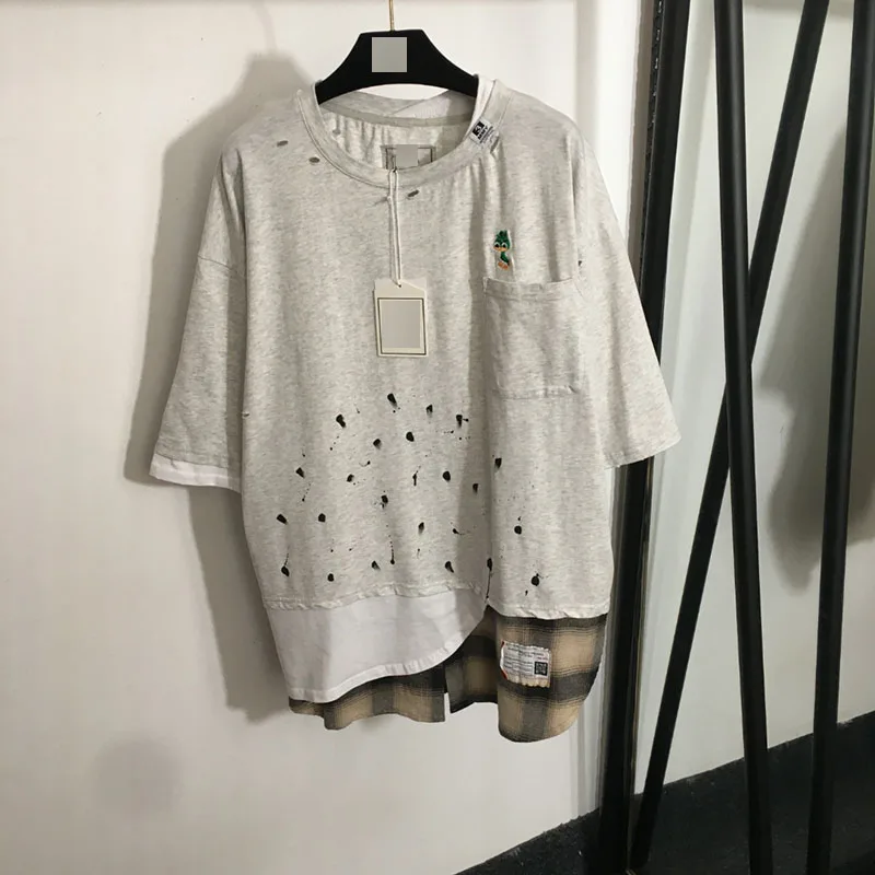 

Модная свободная футболка в деконструированную клетку в стиле пэчворк с отверстиями, повседневный хлопковый летний топ Faion