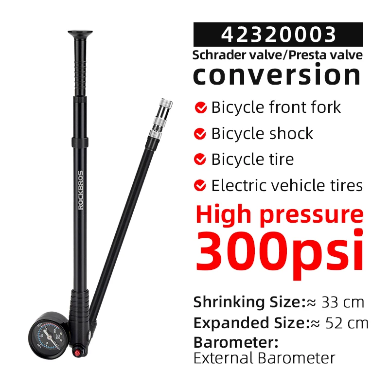 ROCKBROS Fahrrad-Luftpumpe Tragbare Hochdruck-Gabelpumpe mit Manometer für Gabel und Hinterradfederung MTB Rennrad Zubehör