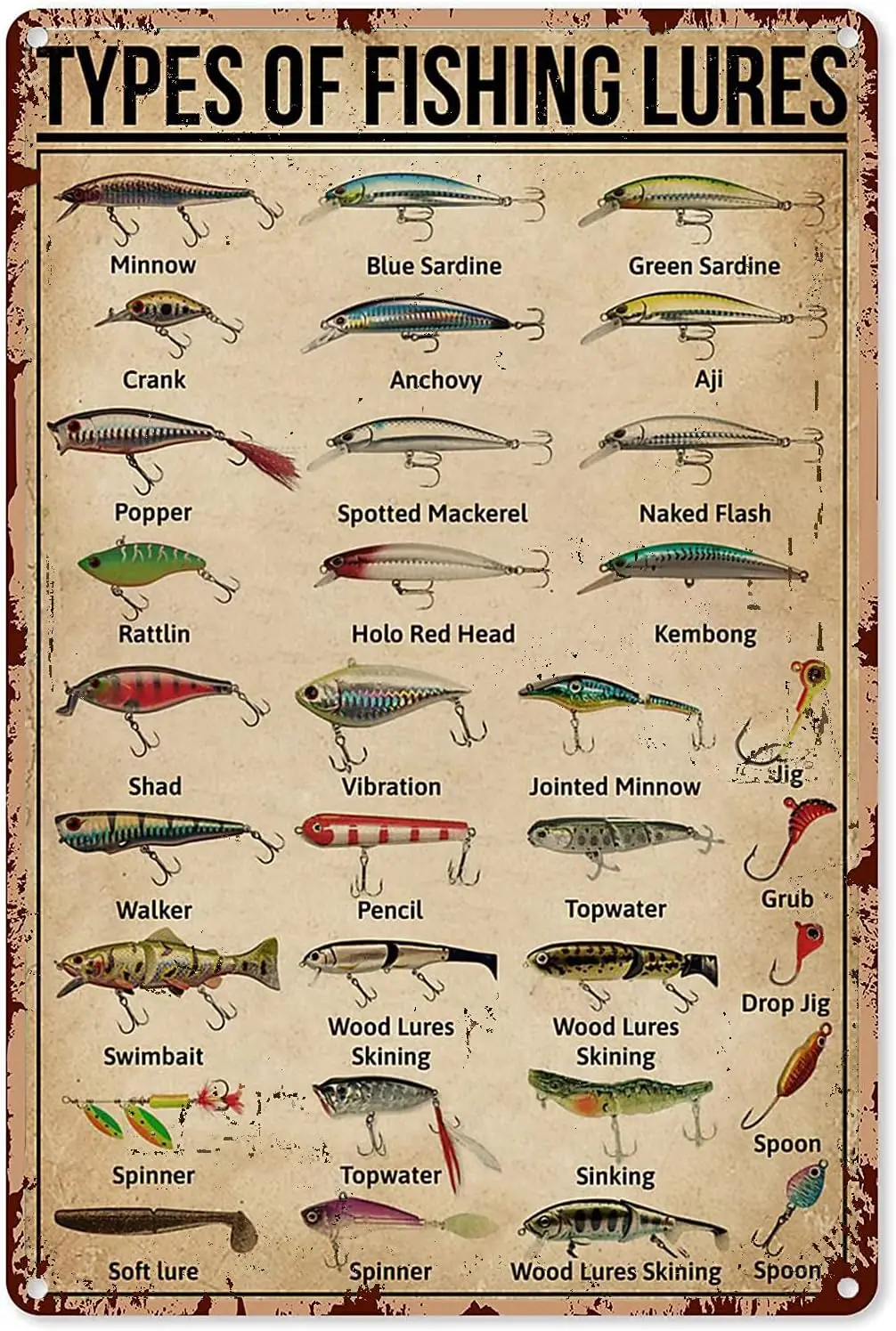 Vintage Fishing Metal Sign Type Fishing Bait Knowledge Tin Sign Plaque Wall Decor Home Men's Cave Garage Bar Cafe Kitchen 8x12 i