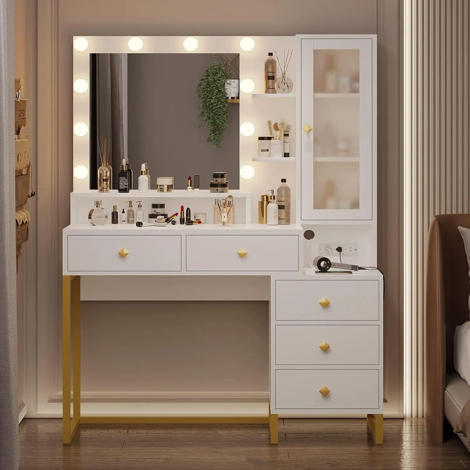 Tiptiper Large Makeup Vanity with Lights, Vanity Table with Charging Station Vanity Desk with Mirror and 10 LED Light Bulbs