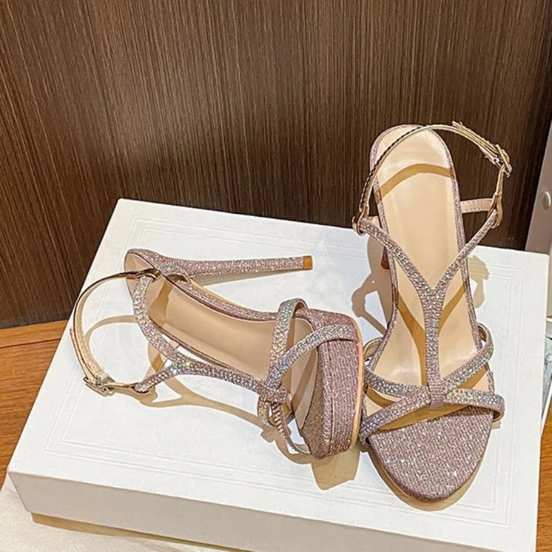 2026 Summer Fashion Glitter Upper Pointed Stiletto High Heels with One Word Water Diamond Banquet Sandals for Women