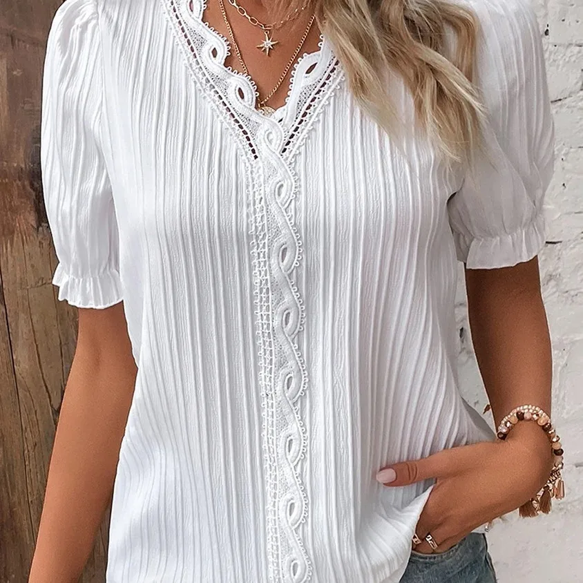 

Big Size White Shirt Women Blouse Lace Blusas Mujer Short Sleeve Tops Hollow Out Summer Blouse Chic Festive Vacation Pullover